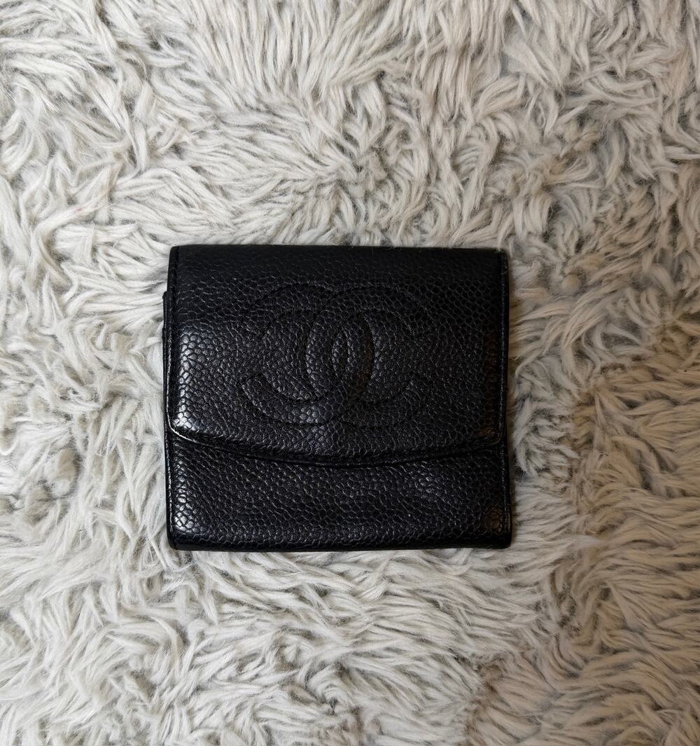 Chanel Black Caviar Leather Trifold Wallet Embossed CC Logo Compact Card Holder